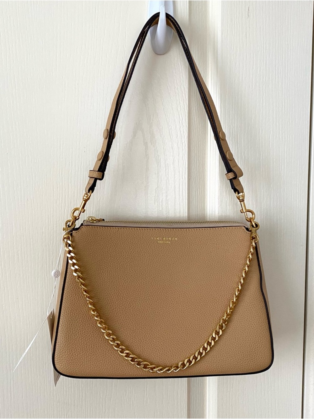 $400 NWT Tory Burch Perry Brown Tan Pebble Leather Gold Chain Strap Shoulder Bag
